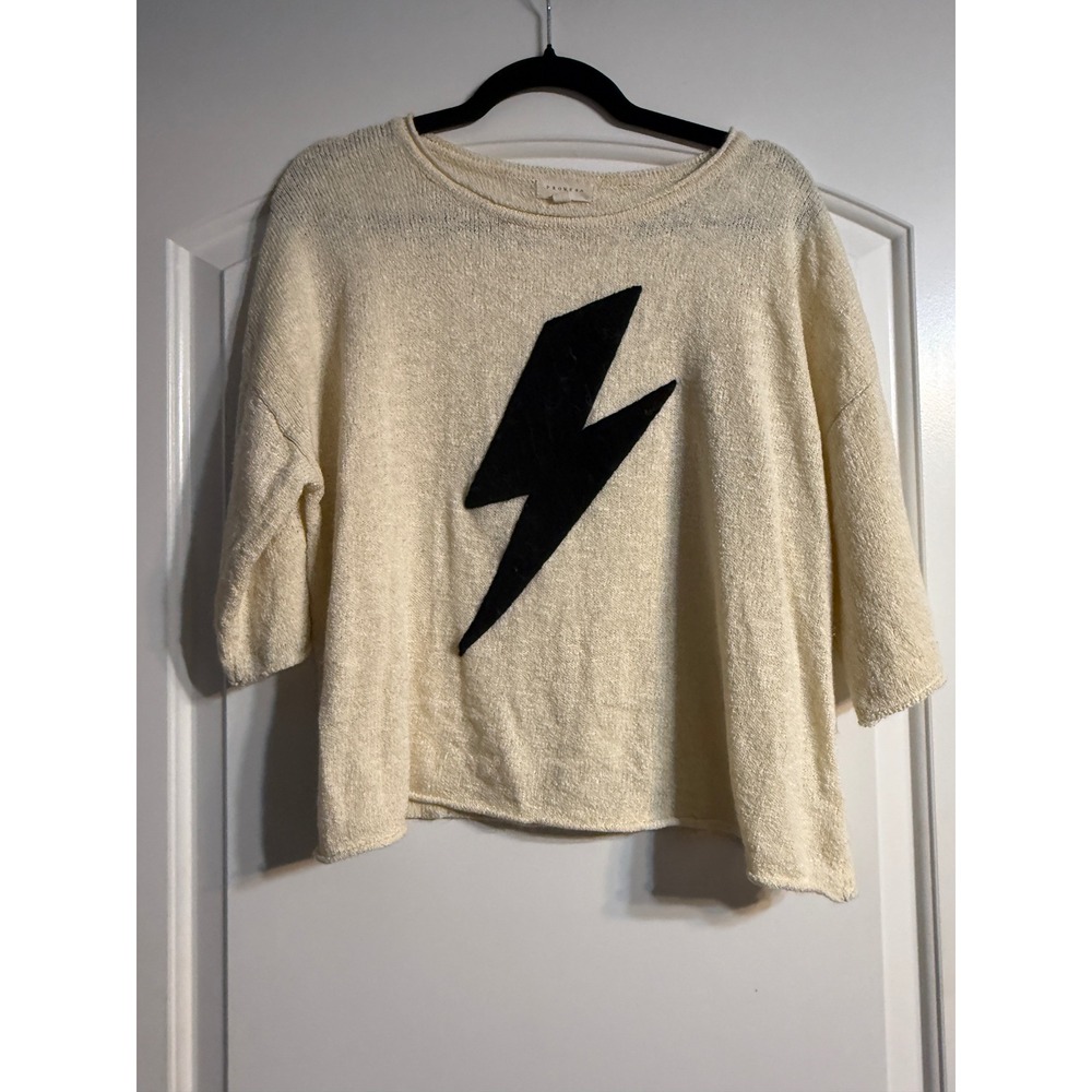 Promesa Lightning Bolt Sweater Medium Cream Boxy Graphic Knit Rocker Cropped